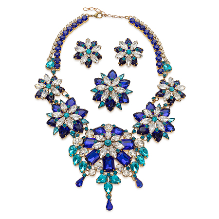 Blue rhinestone necklace and earrings in a floral garland style