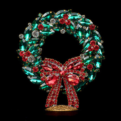 Green red rhinestone christmas wreath with bow.