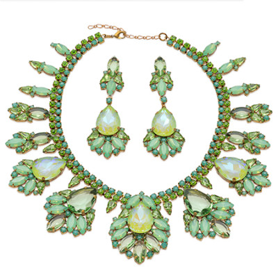 Rhinestone necklace and earrings with green oval crystals
