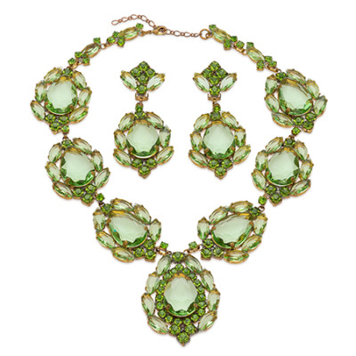 Green rhinestone necklace and earrings with oval crystals