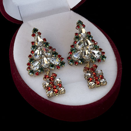 Rhinestone Christmas tree stud earrings with hanging gift.