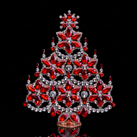 Handmade red and clear Christmas tree with snowflakes and candles