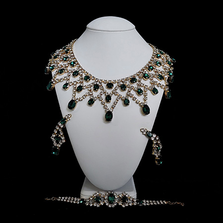 Emerald green luxury designer necklace, bracelet and earrings