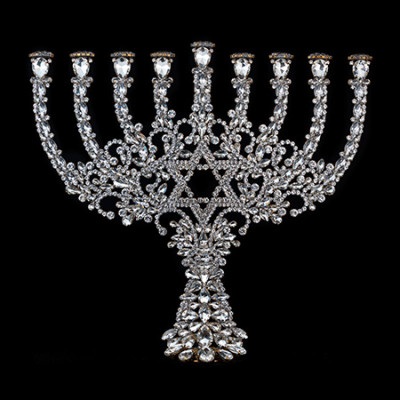 Handmade 9 arm menorah from crystal clear rhinestones.