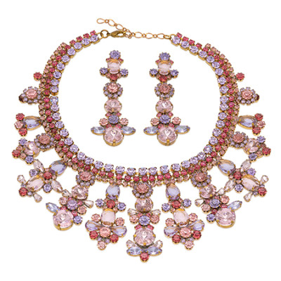 Rhinestone necklace and earrings with pink and violet crystals