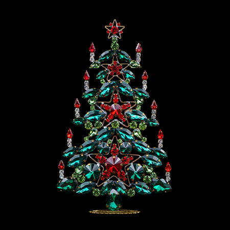 Sparkling rhinestones Christmas tree with green and red rhinestones