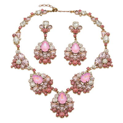 Pink rhinestone necklace and earrings in gold-tone metal