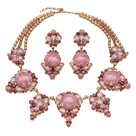 Rhinestone jewelry set features necklace and earrings with pink crystals