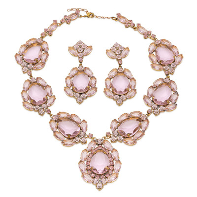 Pink Rhinestone necklace and earrings with oval pink crystals