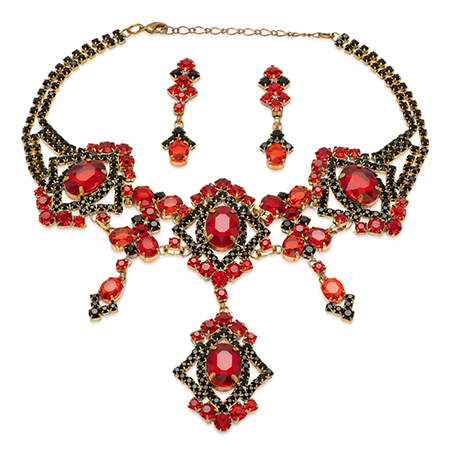 Red and black rhinestone necklace and earrings in baroque style