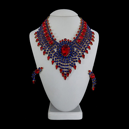 Red and blue vintage necklace and earrings set God´s Eye