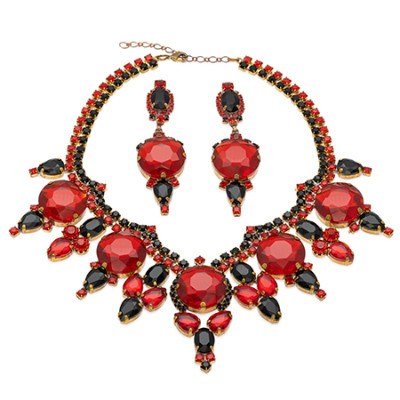 Red and black rhinestone necklace and earrings with bold red crystals
