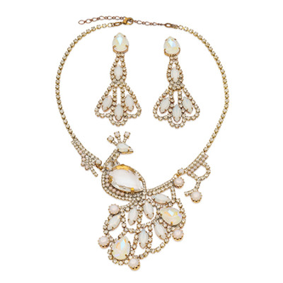 Rhinestone necklace featuring a peacock design, with matching earrings