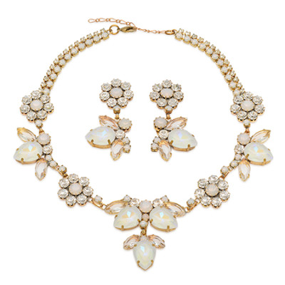 Necklace and earrings with clear rhinestones and white opals