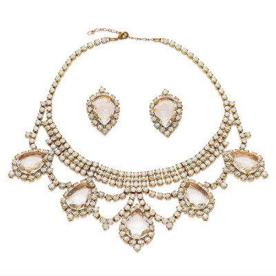 Rhinestone necklace and earrings with opal stones and fine chains