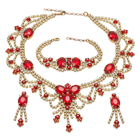 Red rhinestone jewelry set of necklace, earrings and brooch