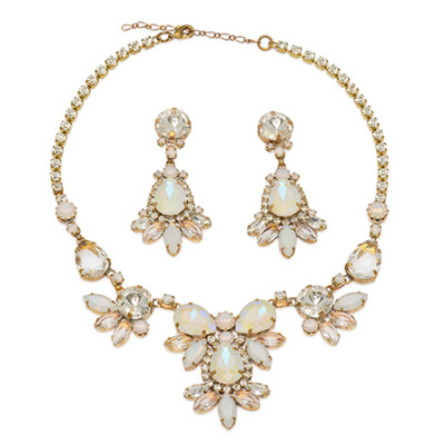 Necklace and earrings with opal-toned crystals in teardrop and round shapes