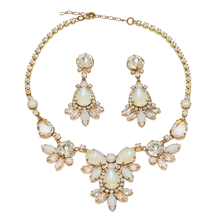 Necklace and earrings with opal-toned crystals in teardrop and round shapes