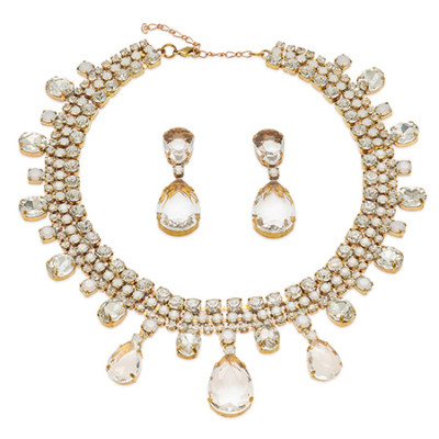 Necklace and earrings with teardrop and clear crystals, accented with white opal