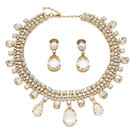 Necklace and earrings with teardrop and clear crystals, accented with white opal