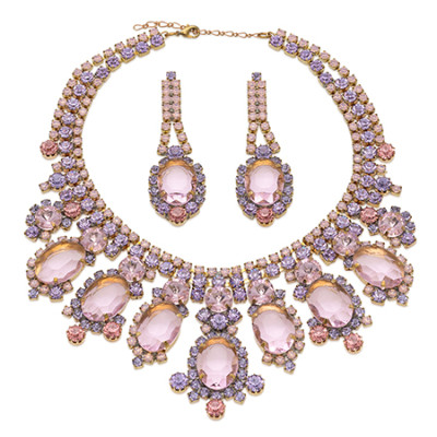 Rhinestone necklace and earrings with pink oval crystals