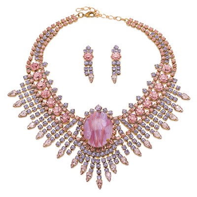 Necklace and earring set with pink rhinestones - God´s Eye