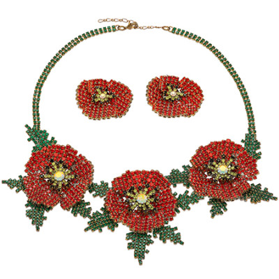 Rhinestone necklace and earrings in motief red poppy