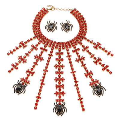 Red and black rhinestone necklace and earrings set Spider Queen