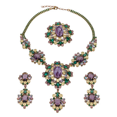 Floral rhinestone necklace and earrings with green and pink crystals