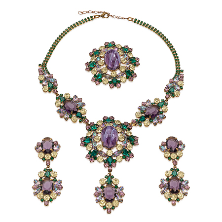 Floral rhinestone necklace and earrings with green and pink crystals