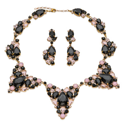 Rhinestone jewelry set with cascading black and pink crystals