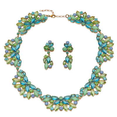 Rhinestone necklace and earrings set with small blue and green crystals