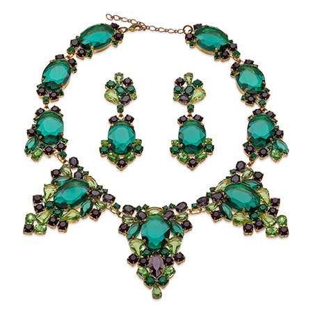 Rhinestone necklace and earrings with rich green and purple accents