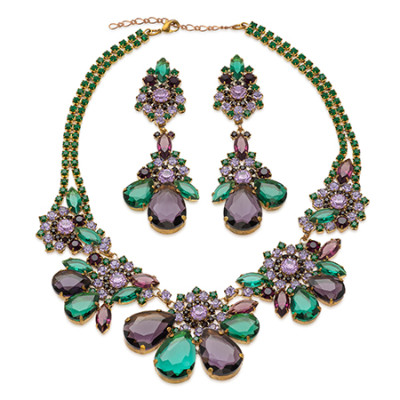 Rhinestone necklace and earrings with green and purple crystals