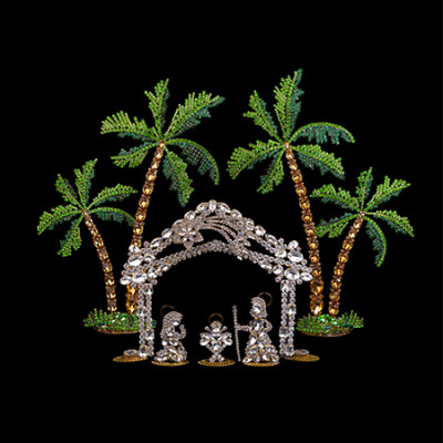 Rhinestones nativity scene with the Holy family and palm trees