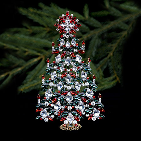 Tabletop Christmas tree handcrafted with red and green rhinestones.