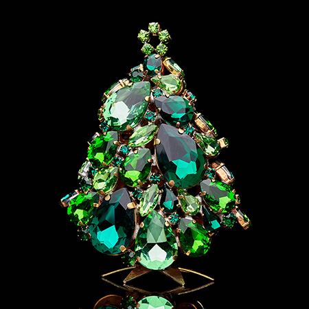 Vintage 3D Christmas tree Glitzy Gleam from green rhinestones.