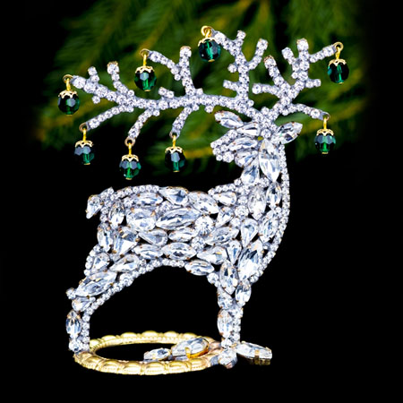 Christmas decoration - reindeer with clear and green rhinestones.