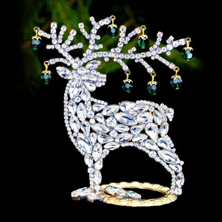 Christmas decoration - reindeer with clear and green rhinestones.
