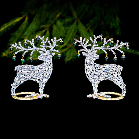 Christmas decoration - reindeers with clear and green rhinestones.