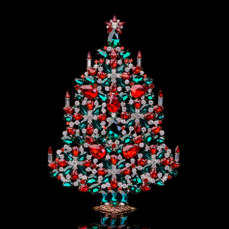 Handcrafted Christmas tree from green, red and clear rhinestones 