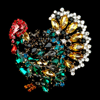 Handmade rhinestone turkey brooch in vibrant colours.
