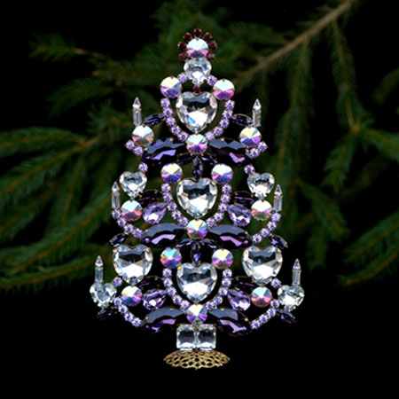 Christmas tree - handcrafted tabletop decoration with clear and purple crystals.