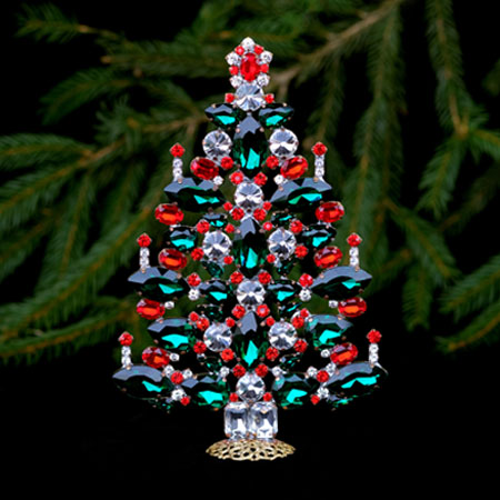 Table top vintage Christmas tree - handmade with LT Siam and Emerald crystals.