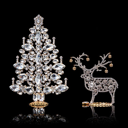 Table top vintage Christmas tree and clear reindeer set.