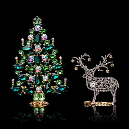 Emerald table top vintage Christmas tree and clear reindeer.