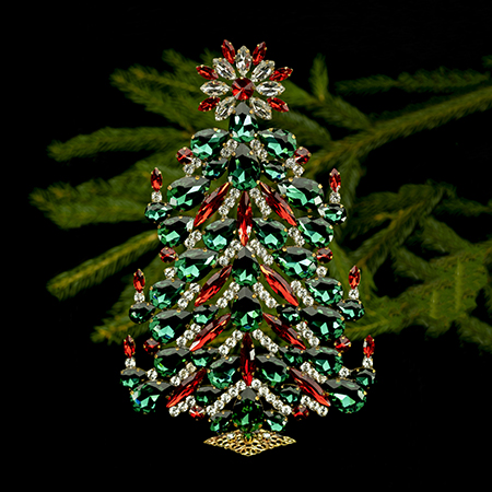Festive tabletop Christmas tree with red, green and clear rhinestones.