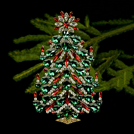 Festive rhinestone Christmas tree with red, green and clear rhinestones.