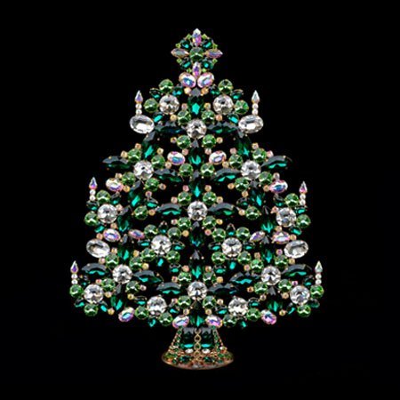 Vintage Xmas tree - Czech handmade tabletop Xmas tree with green crystals.