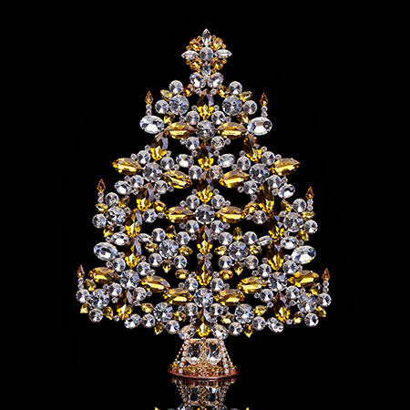 Vintage Czech tabletop Christmas tree - with yellow ornaments